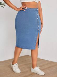 SHEIN SXY Plus Size High Waisted Denim Skirt With Upward Buttons - Light Wash - View 6