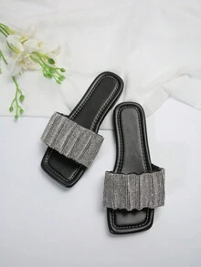 2024年新款女士加大碼珠片扁平涼鞋,帶折疊交叉帶,夏季海灘開放式拖鞋 - 黑色 - 查看 3