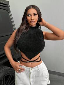 SHEIN SXY Women's Sexy Short Knit Vest With Backless Design And Strap Detail - Black - View 5