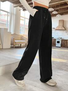 SHEIN EZwear Women's Thermal Lined Straight Leg Sweatpants - Black - View 7