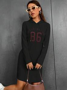 SHEIN EZwear Numeric Print Long Sleeve Hooded Dress - Black - View 4