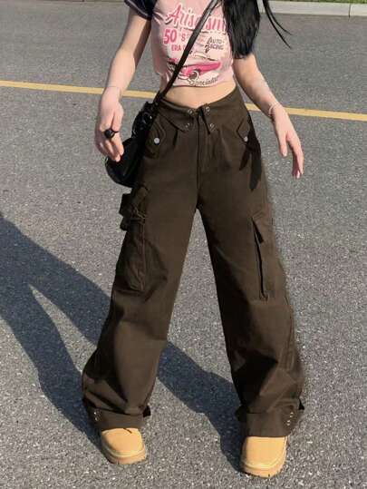 休闲纯色翻盖口袋侧边工装裤