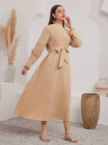 Mulvari Women's Stand-Up Collar Lace Splicing Waist Belt Arabian Dress