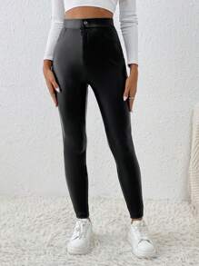 SHEIN Frenchy Pu Slim Fit Pants - Black - View 3