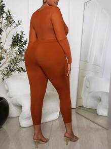 Slaydiva Plus Size Women'S Mesh Contrast Twisted Jumpsuit - Rust Brown - View 3
