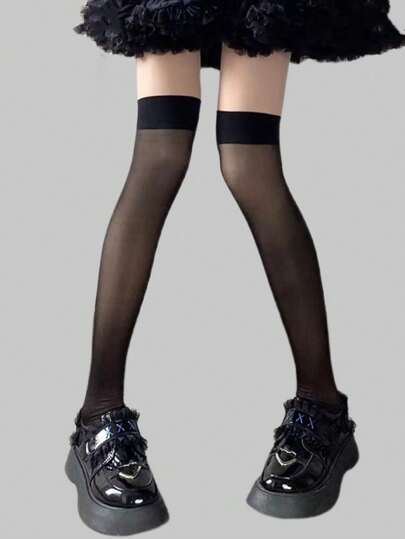 Goth 1pair Women's Four Seasons Black Edge Splicing Over Knee High Pantyhose