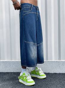 ROMWE MEN Street Life Men'S 3/4 Denim Shorts - Blue - View 3