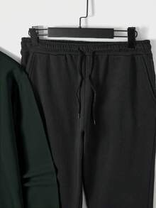 SHEIN Cottnline Men'S Letter Printed Round Neck Sweatshirt & Sweatpants Set - Army Green - View 5