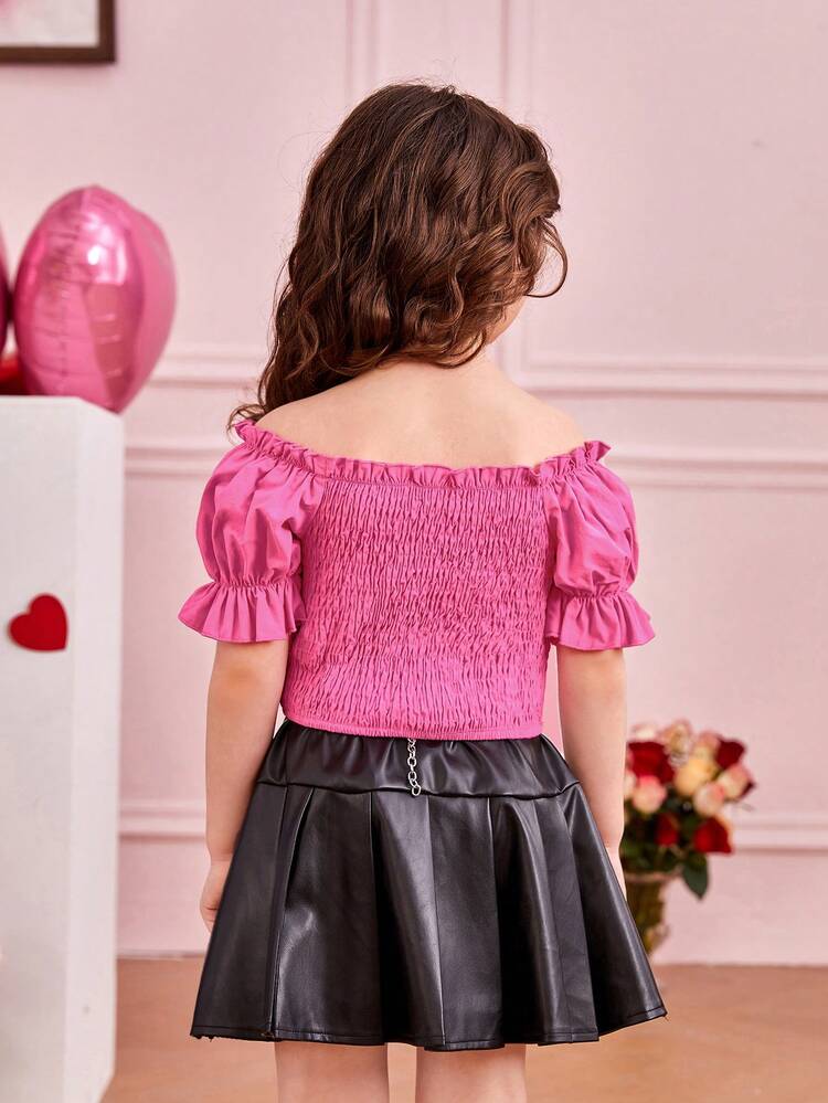 Toddler Girls' Off Shoulder Puff Sleeve Top With Ruffle Hem, Faux Leather Belt, And Skirt Two Piece Set