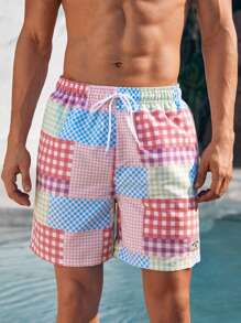 Manfinity VDAYZ Men's Plaid Drawstring Waist Swim Trunks - Red and White - View 6