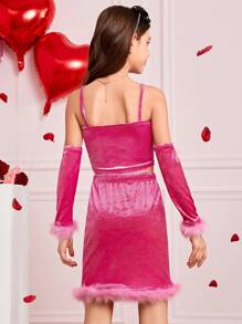 SHEIN Tween Girls' Knit Net Fuzzy & Velvet Spaghetti Strap Tank Top And Skirt With Half Sleeves - Hot Pink - View 2