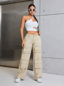 SHEIN SXY Damen Overall Jeans In Volltonfarbe - Khaki - Übersicht 1