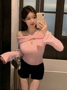 DAZY Của phụ nữ Màu thuần Xu hướng: Cắt giảm Dây Tay áo chuông Áo thun - Hồng - Xem 3
