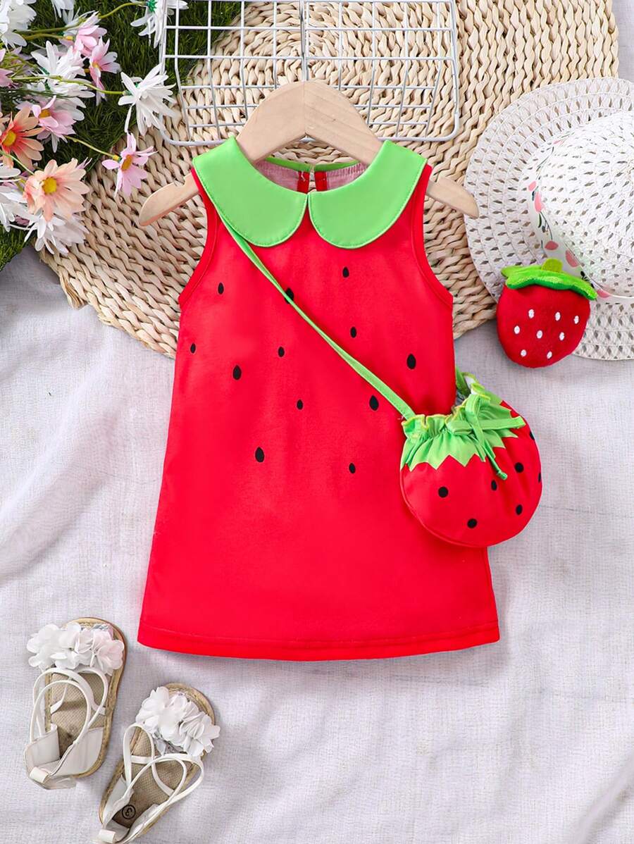 Baby Girl Watermelon Shaped Sleeveless Dress - Red - View 1