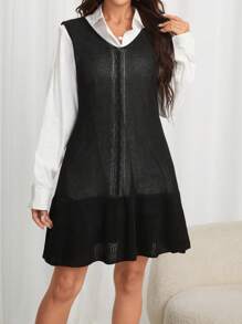 SHEIN LUNE 女式鉤織空心無袖毛衣裙 - 黑色 - 查看 4