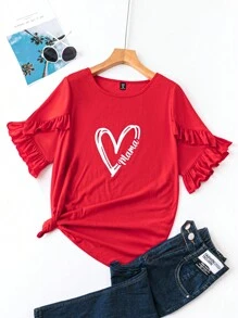 SHEIN LUNE 大尺碼愛心圖案荷葉邊短袖 T 卹 - 紅色 - 查看 1