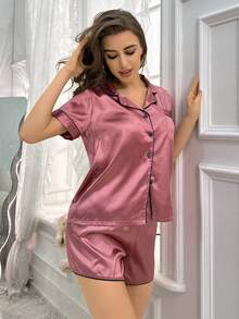 Women's Color Contrast Border Decor Pajama Set - Watermelon Pink - View 3