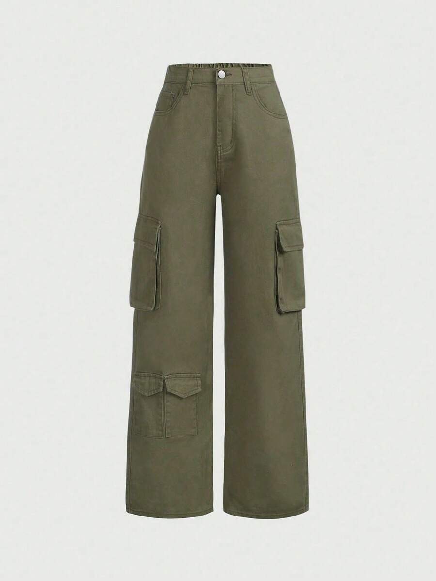 SHEIN Cô gái Quần legging thẳng Với Nhiều Túi - xanh quân đội - Xem 1