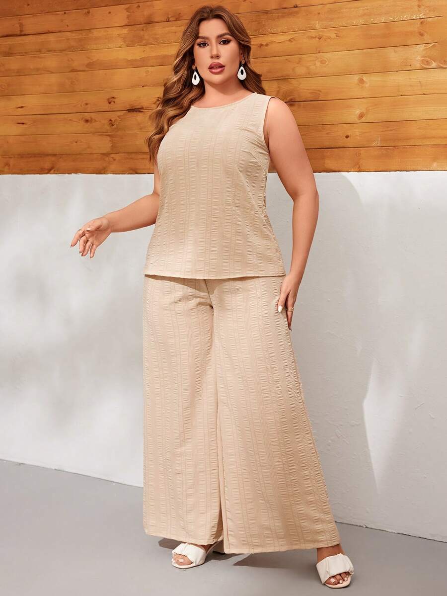 SHEIN LUNE Kích thước lớn Của phụ nữ Màu thuần Giải trí Bộ - Màu be - Xem 1