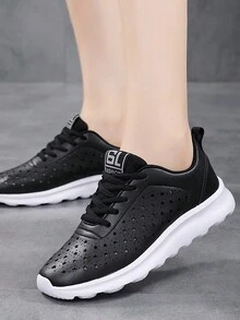 Spring & Autumn Fashionable Breathable Leather Surface Women's Running Shoes - Black - View 3