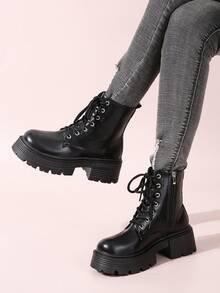 女士新款春秋黑色時尚、舒適、優雅的踝靴和短靴,側邊拉鍊細節,圓頭設計,厚實大底 - 黑色 - 查看 2