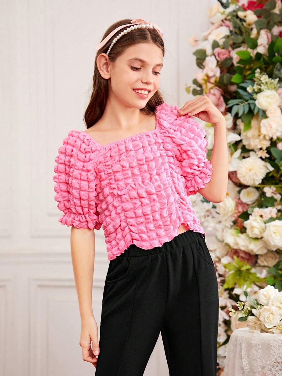 Tween Girls' Square Neck Puff Sleeve Checkered Shirt With Pleats And 3d Pattern Design - Hot Pink - View 1