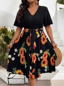 Breezaya Vestido De Talla Grande Para Mujer Con Estampado De Girasoles Y Dobladillo Con Volantes - Negro - Ver 5