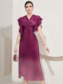 Modelyn Của phụ nữ Off-shoulder Ngắn tay Mặt trước xoắn Váy chữ A - Màu đỏ tím - Xem 1