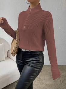 SHEIN Essnce Women's Half-Zipper Pullover Sweater - Dusty Pink - View 4