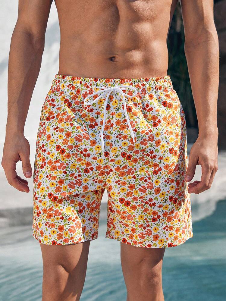 Men's Floral Drawstring Waist Beach Shorts