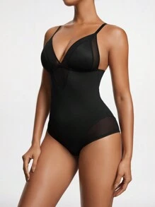 Body de mujer con tirantes finos de contraste de malla y efecto estilizante - Negro - Ver 3