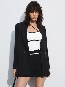 BizChic Women's Color Block Asymmetric Neckline Camisole With Edging - Black and White - View 7