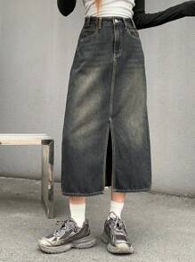 DAZY Washed High-Low Hem Loose-Fit Denim Skirt With Slanted Pockets