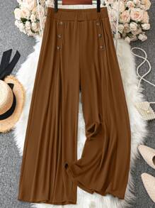 SHEIN LUNE Plus Size Women's Elastic Waist Pants - Coffee Brown - View 1