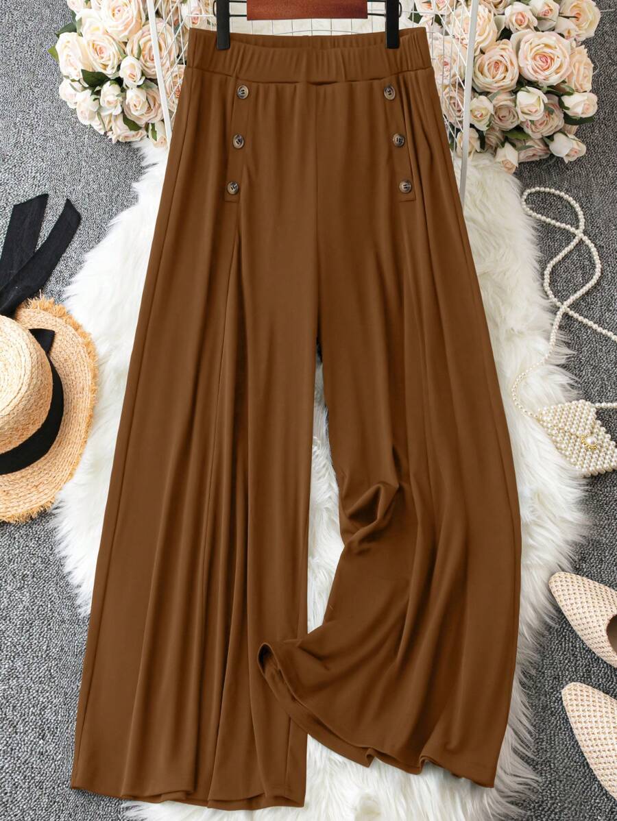 SHEIN LUNE Plus Size Women's Elastic Waist Pants - Coffee Brown - View 1