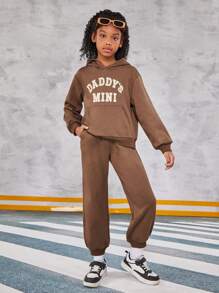 Tween Girl's Street Style Letter Printed Hoodie And Sweatpants Set, Sports Outfit - Brown - View 4