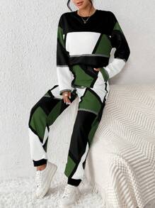 SHEIN Unity Women's Contrast Color Round Neck Long Sleeve Top And Pants Two Piece Set - Green - View 4