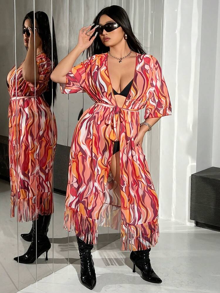 Women'S Plus Size Printed Obi Belted Kimono Robe Summer