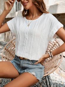 SHEIN LUNE Solid Texture Short Sleeve T-Shirt - White - View 3