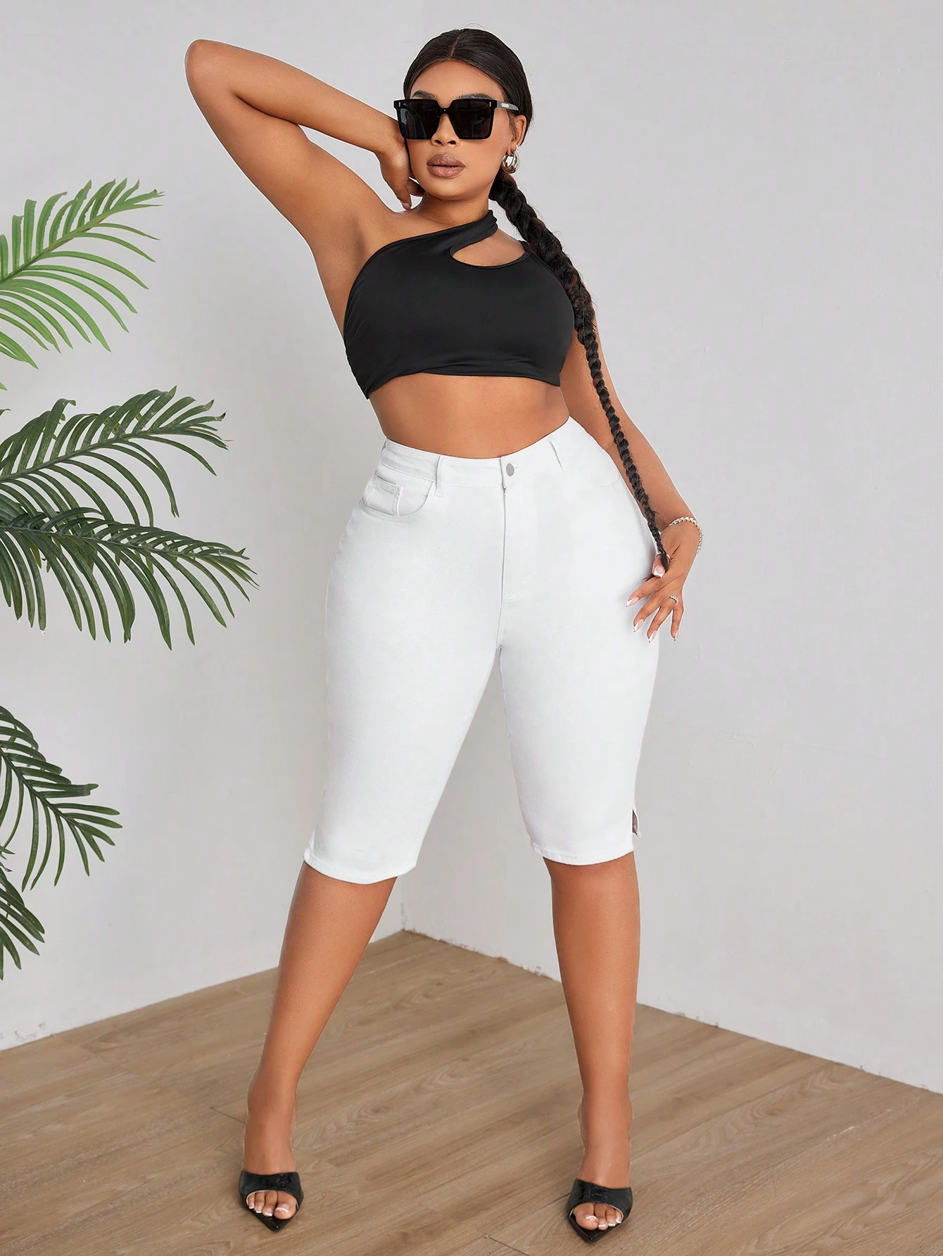SHEIN SXY Plus Size White Denim Capri Pants With Side Split | SHEIN USA