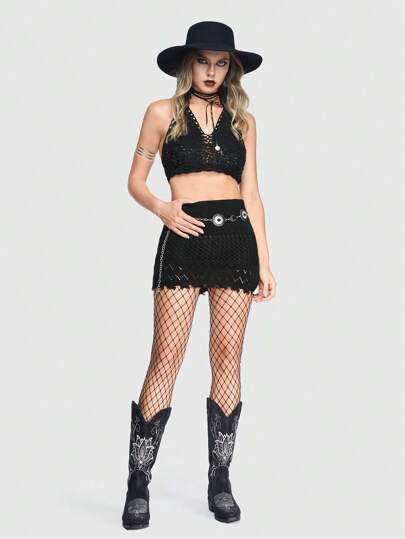 Goth Gonna In Maglia A Vita Bassa , Stile Boho Scuro Con Orlo Svolazzante E Dettagli Consumati