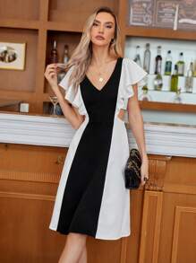 Aveloria Women'S Color Block Off-The-Shoulder Ruffle Sleeve Hollow Out Waist Dress - Black and White - View 4