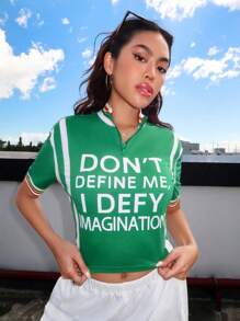 SHEIN EZwear 女款彩虹條紋字母印花t恤,編織細節設計