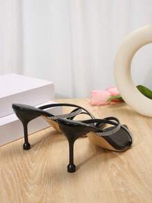 歐盟和美國加大尺碼女交叉帶露趾水鑽裝飾蛇紋細高跟休閒時尚涼鞋適合戶外、夏季 - 黑色 - 查看 3