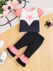 Stylish Baby Girls' Spider Printed Puff Sleeve Round Neck T-Shirt And Flared Pants Set - Black - View 1