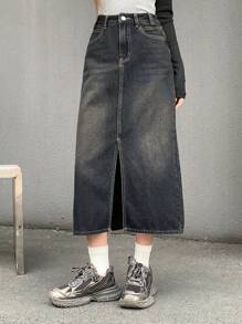 DAZY Washed High-Low Hem Loose-Fit Denim Skirt With Slanted Pockets