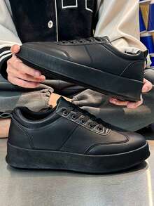 男士運動鞋,pu表面和鞋帶設計,極簡主義風格厚底休閒運動鞋 - 黑色 - 查看 2