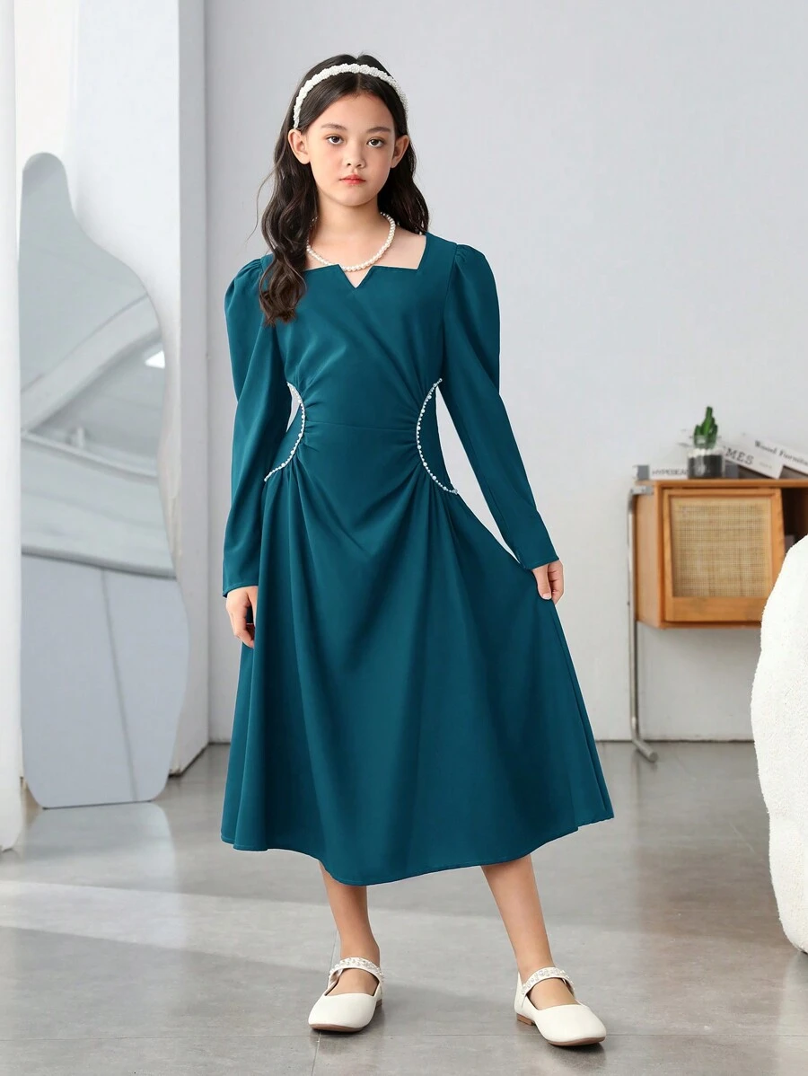 SHEIN Vestido Elegante Midi Ajustado De Manga Larga Con Decoración De Perlas Para Chicas Adolescentes - Agua verde azul - Ver 1