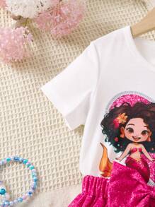 SHEIN Young Girl Mermaid Printed Sweet T-Shirt And Skirt With Shoulder Bag 2pcs/Set Spring/Summer New Arrival,Holiday,Summer,Travel - Multicolor - View 6