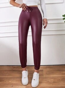 Women's Pu Drawstring Waist And Cuffed Hem Pants - Rose Red - View 5